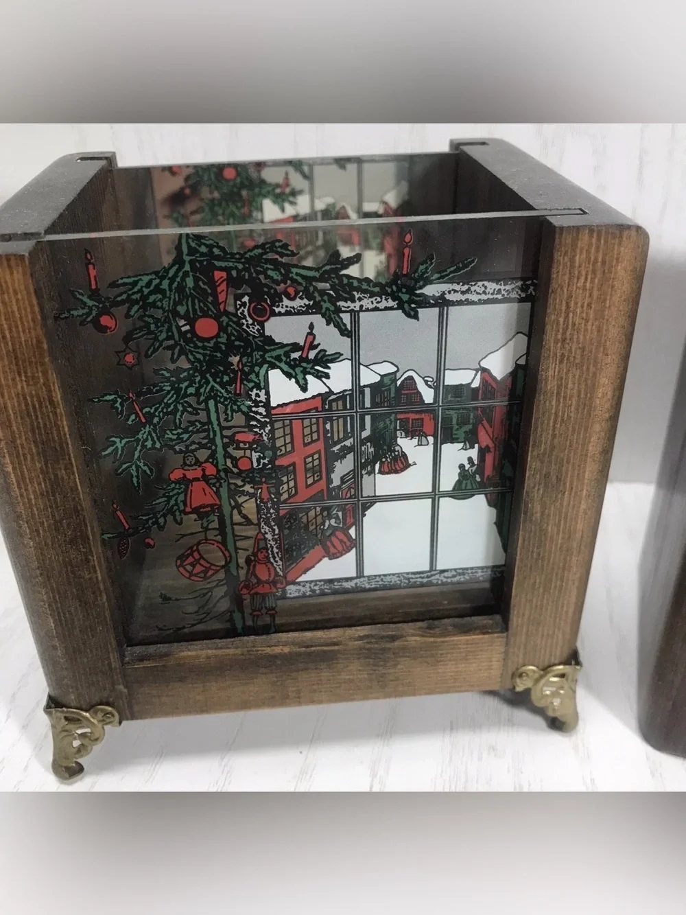 vtg wooden christmas/halloween candle holder with 6 glass pic inserts Hand Made